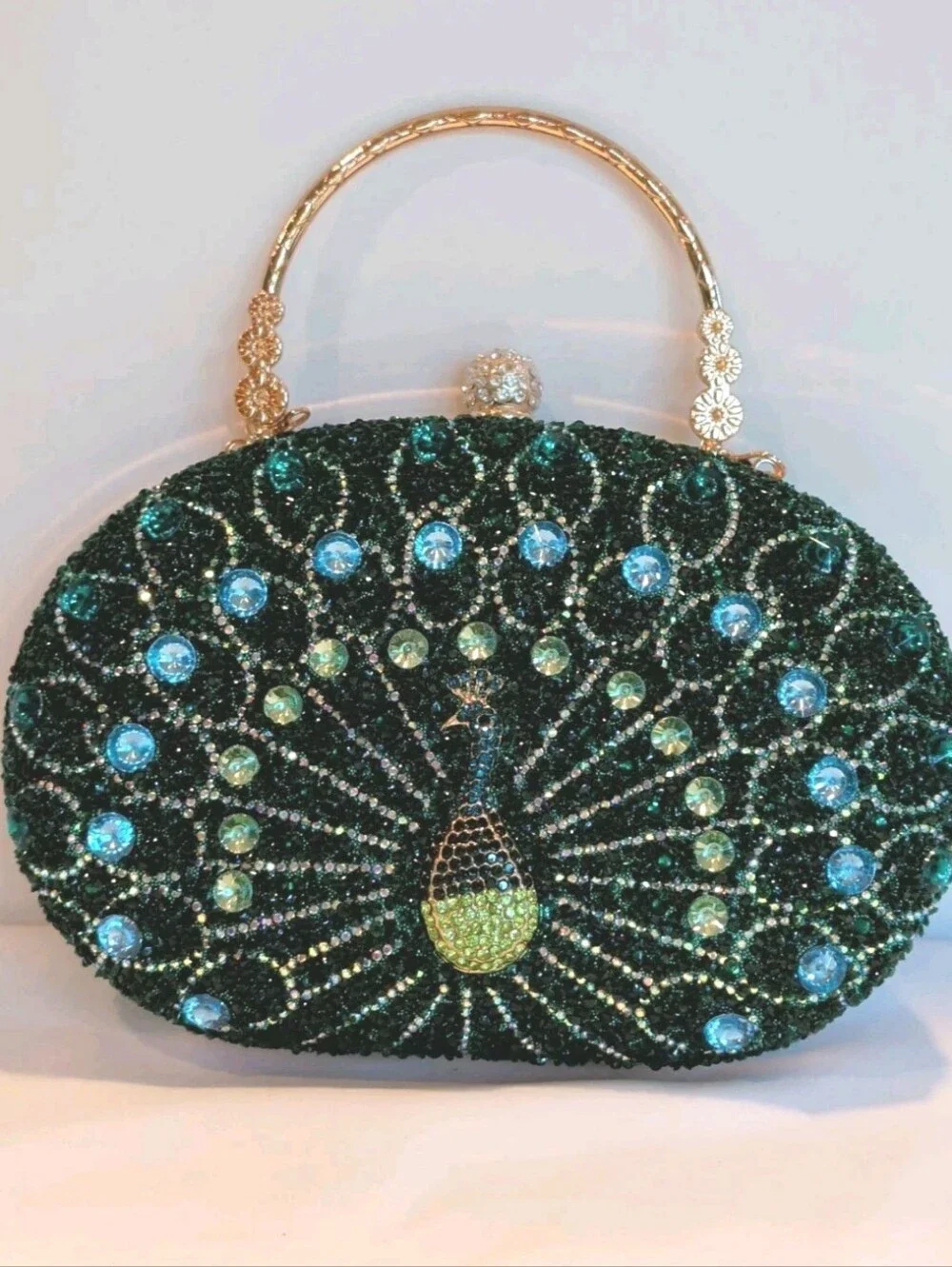Purse Peacock Green & Blue Crystal Beaded Clutch Detachable Chain & Handle 8